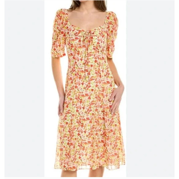 BCBGeneration Fit & Flare Dress Womens 6 Orange Ditsy Floral Puff Short Sleeve - Picture 1 of 12